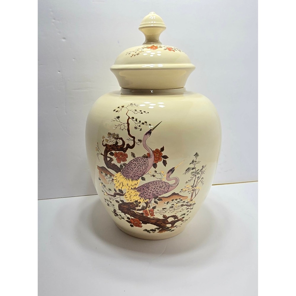 Vintage Chinoiserie Ginger Jar Ceramic Crane Bird Floral Cream Gold Accent Lid